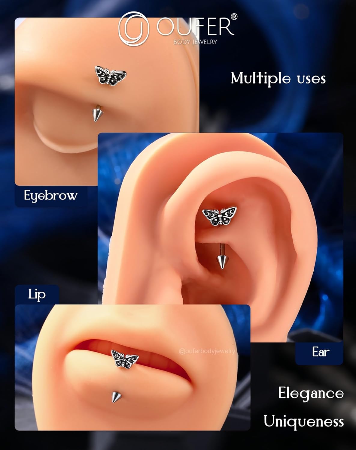 OUFER Halloween Moth Rook Eyebrow Piercing Jewelry, 316L Surgical Steel Rook Earrings for Women Men, Spooky Eyebrow Rings, 16G Curved Barbells, Halloween Body Piercing Jewelry-8mm - Image 7