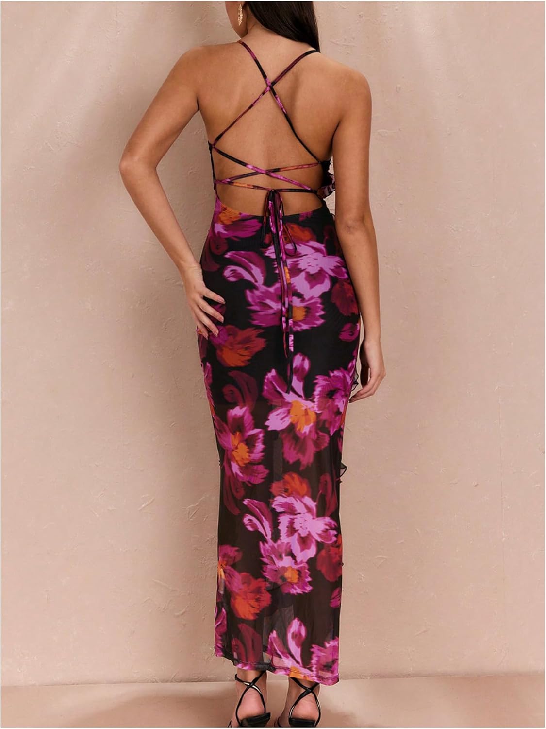 Women's Floral Cami Dress Boho Ruffle Criss Cross Tie Backless Bodycon Maxi Dresses - Image 2