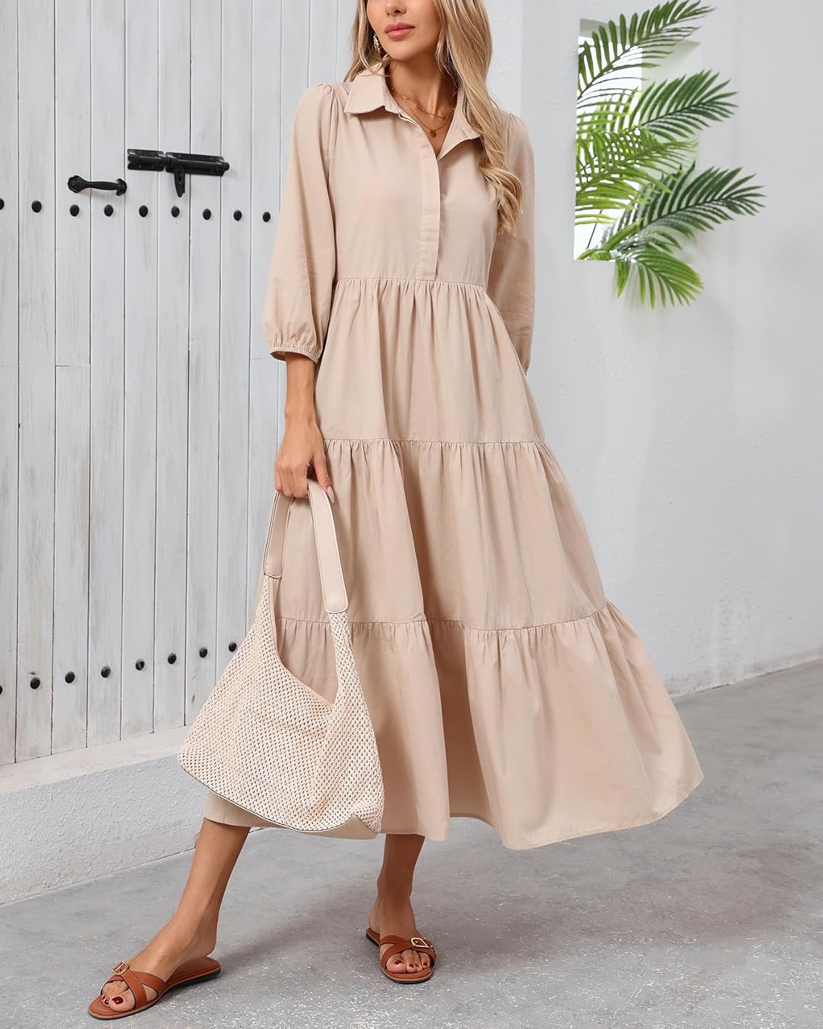Women Button Down Maxi Shirt Dress Long Sleeve Flowy Tiered Collared Dresses with Pockets - Image 2
