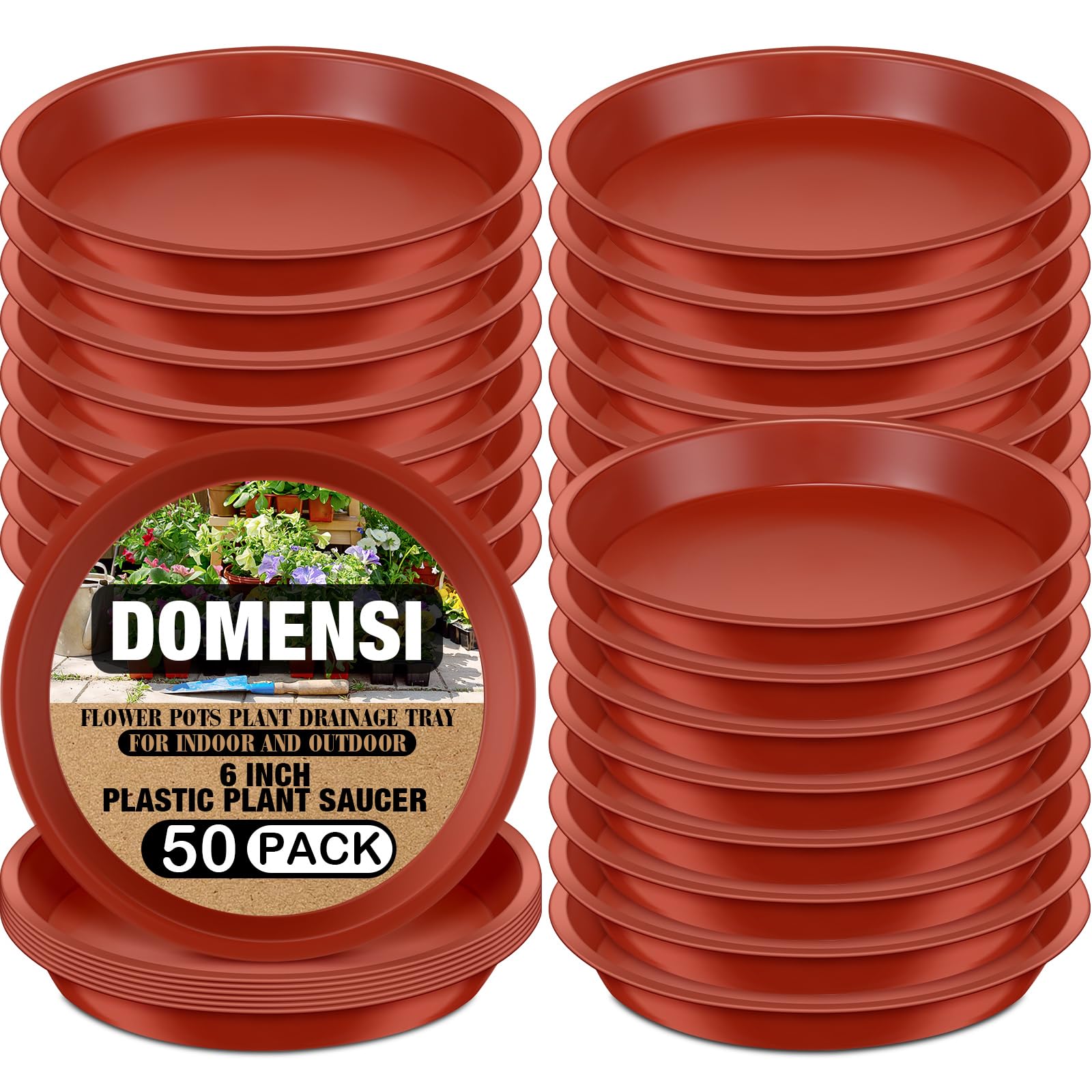 Domensi 50 Pcs Plastic Plant Saucer Bulk Plant Trays for Pots Sturdy Red Drip Trays for Flower Pots Drainage Tray for Indoor and Outdoor Water Drip (6