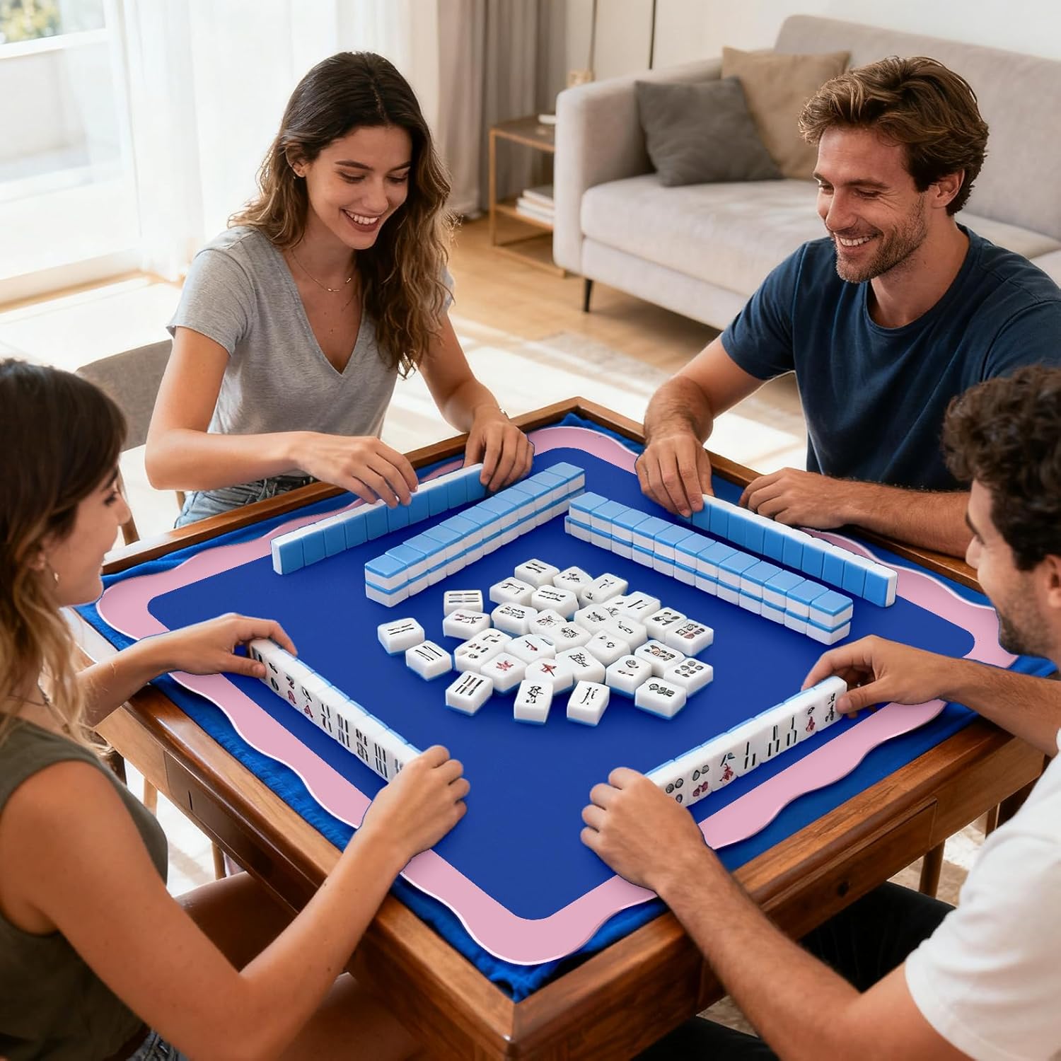 FYSUIMU Scalloped Mahjong Mat with Carrying Bag Table Mat Blue Pink Scalloped 31.5 x 31.5 Inch Non-Slip Game Table Cover for Card Board Tile Games