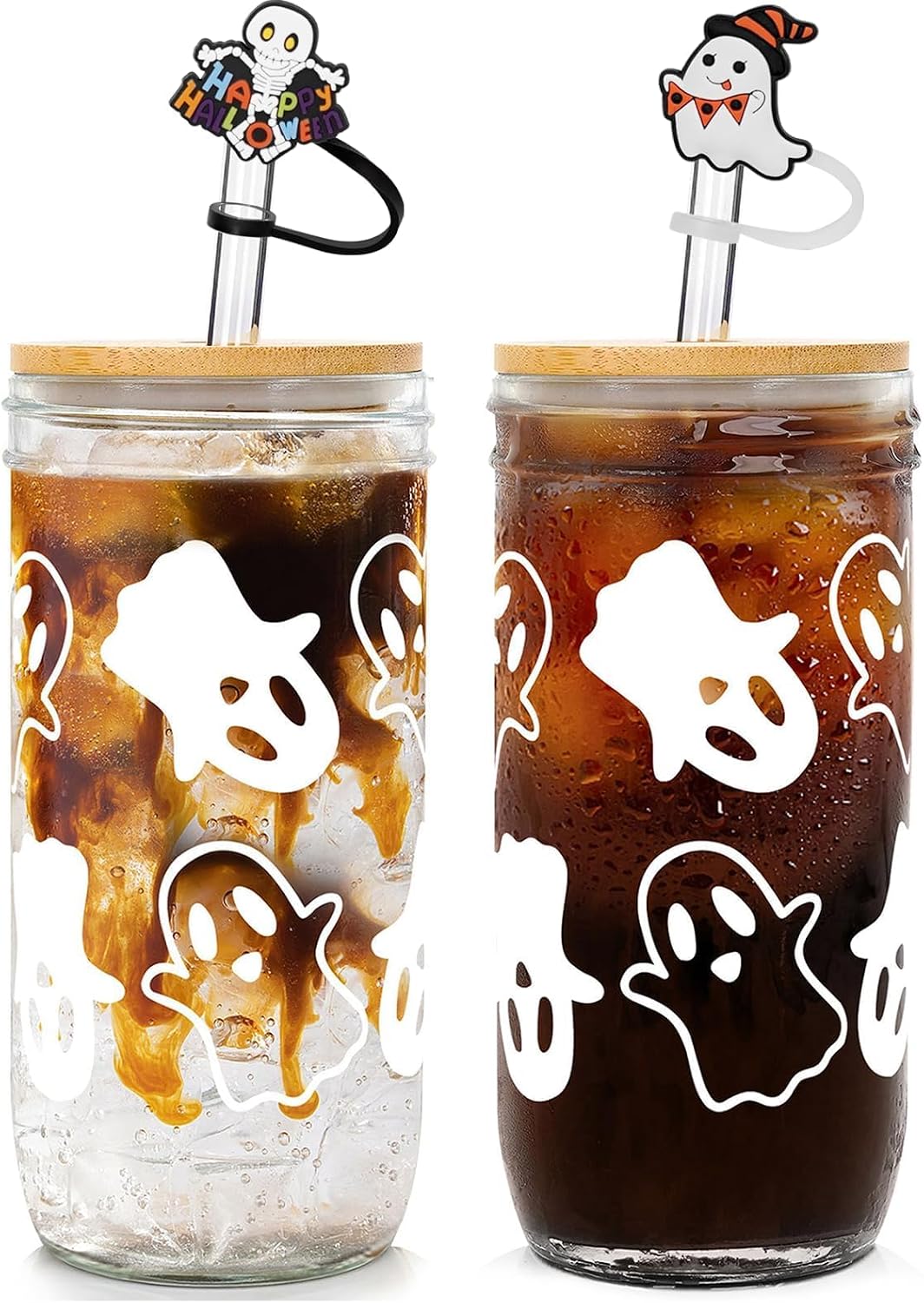 Lot De 4 Tasses Halloween Bocal Mason Crâne – Verres 473 Ml Avec Couvercle, Paille Et Poignée