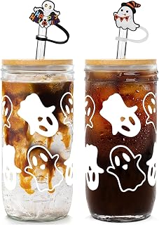 ANOTION Halloween Cups, Ghost Decor 24 oz Mug Mason Jar Glass Cups with Lids and Straws Ghost Tumblers Coffee Cups Cookie Jar Glasses Glassware Drinking Glasses Halloween Decorations Indoor