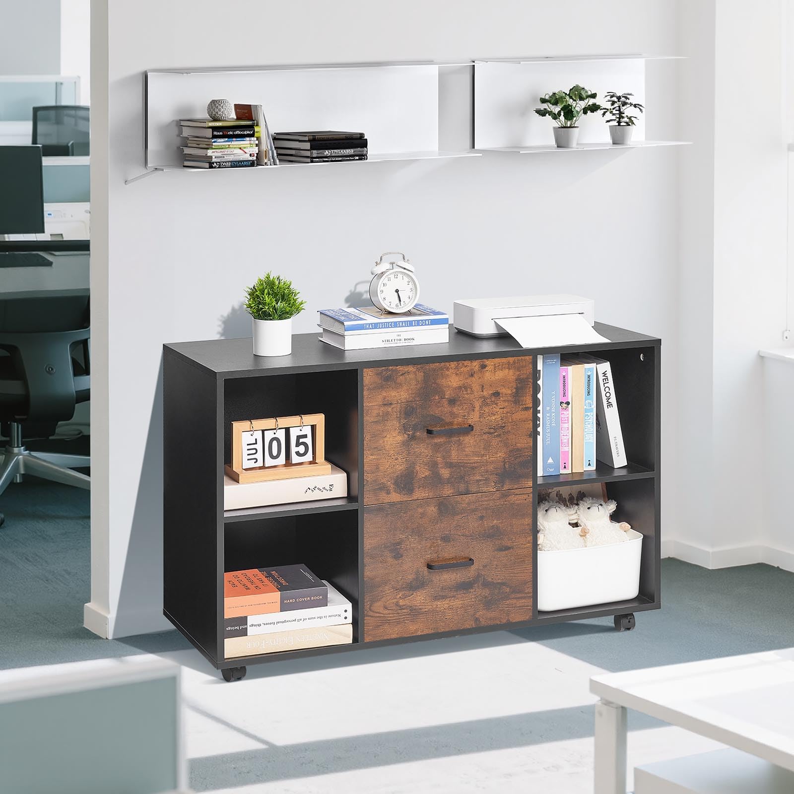 VEVOR Classeur Dossier Mobile en Bois, Meuble de Rangement de Bureau à 2 Tiroirs avec Étagères Ouvertes et roulettes Verrouillables, Support d'Imprimante Autonome pour Maison Bureau École, Noir