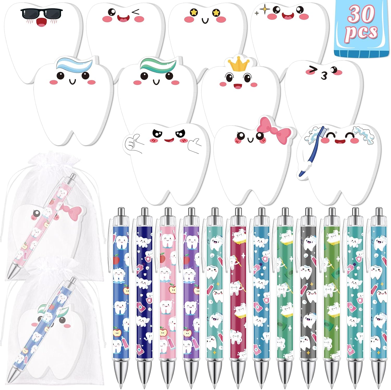 30Pcs Nurse Week Dental Assistant Appreciation Tooth-Shaped Sticky Notes and Ballpoint Pens Gifts, Dentist Post it Notepad for Employees Christmas Holiday Birthday Party Supplies