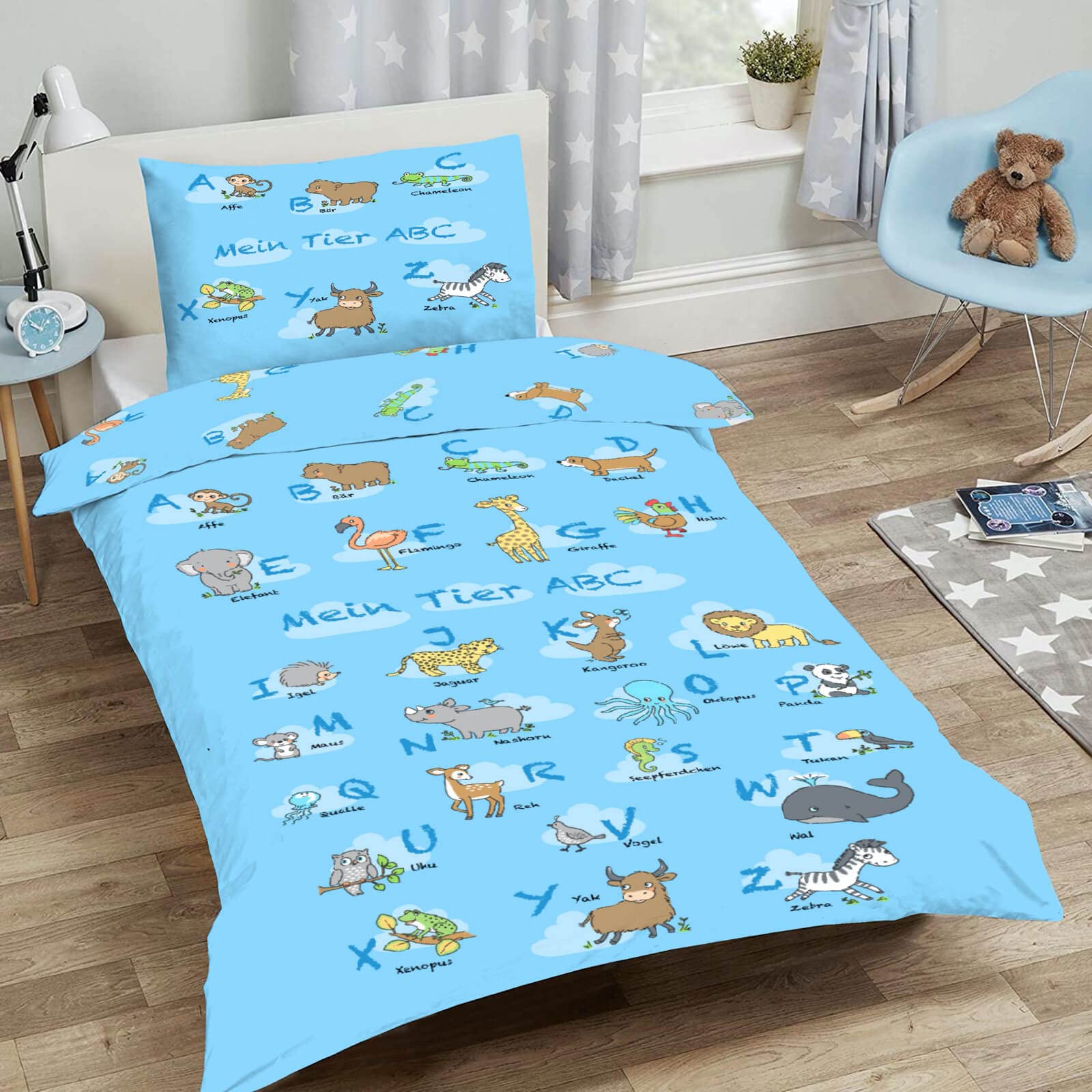 Kinderbettwäsche Sleep and Dream Mein Tier ABC Wolken Elefant Löwe Zebra AFFE Buchstaben Renforcé, Größe:135 cm x 200 cm