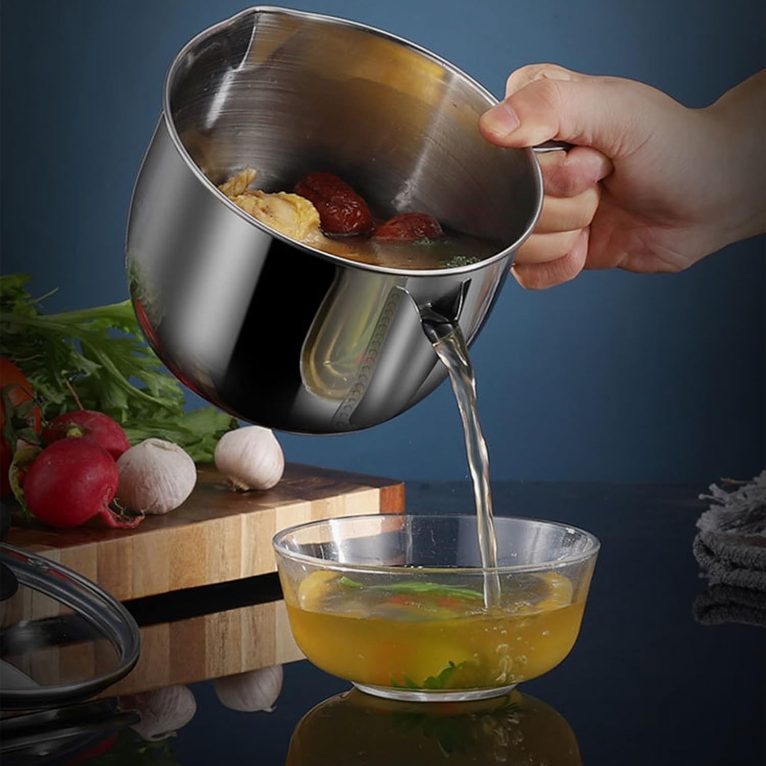OBABO Stainless Steel Fat Separator, 1000ML Gravy Grease Separator with Strainer and Glass Lid, Soup Oil Separator Cup for Cooking, Stockpot Oil Filter Soup Separator Strainer Pot for Kitchen