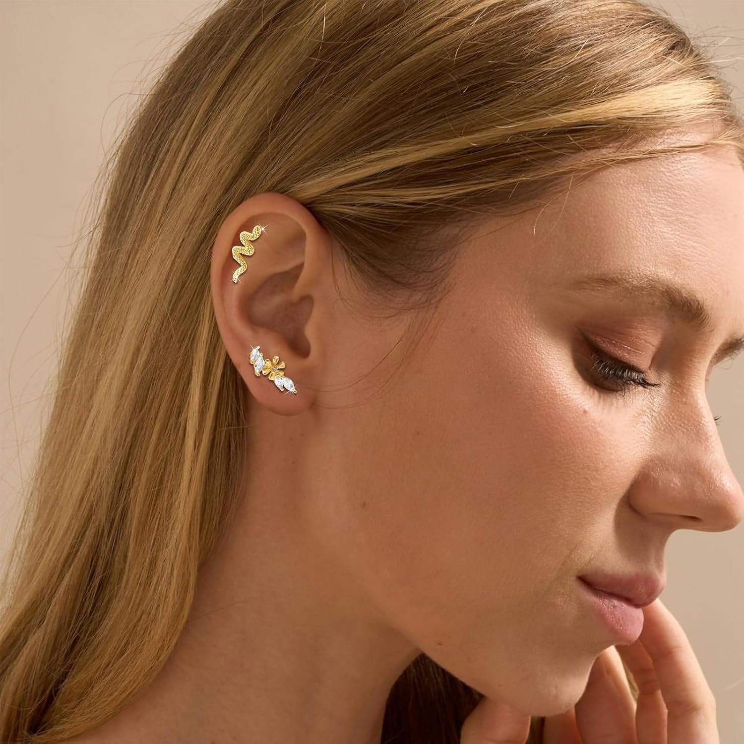 8Pcs Gold Cartilage Earrings for Women 16G Hypoallergenic Stainless Steel Helix Piercing Jewelry CZ Flower Snake Leaf Moon Tragus Piercing Jewelry Daith Conch Screw Back Stud Earrings Set