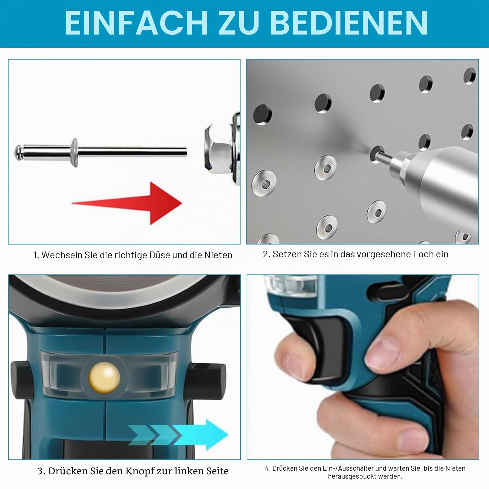Akku Nietzange, 8000N Bürstenlose Blindnietzange Elektrische Nietpistole mit 2 Akku Tragbares Elektrische Popnietenzange für 2.4-4.8 mm Blindnieten
