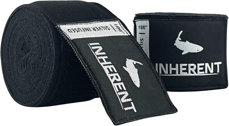 Vendas para manos de boxeo antiolor INHERENT, 180"/4,5 m, semielásticas, negras | Tejido semielástico con infusión de plata con cierre de gancho y bucle de primera calidad, etiqueta "UP" y presilla para el pulgar para boxeo, Muay Thai y MMA.