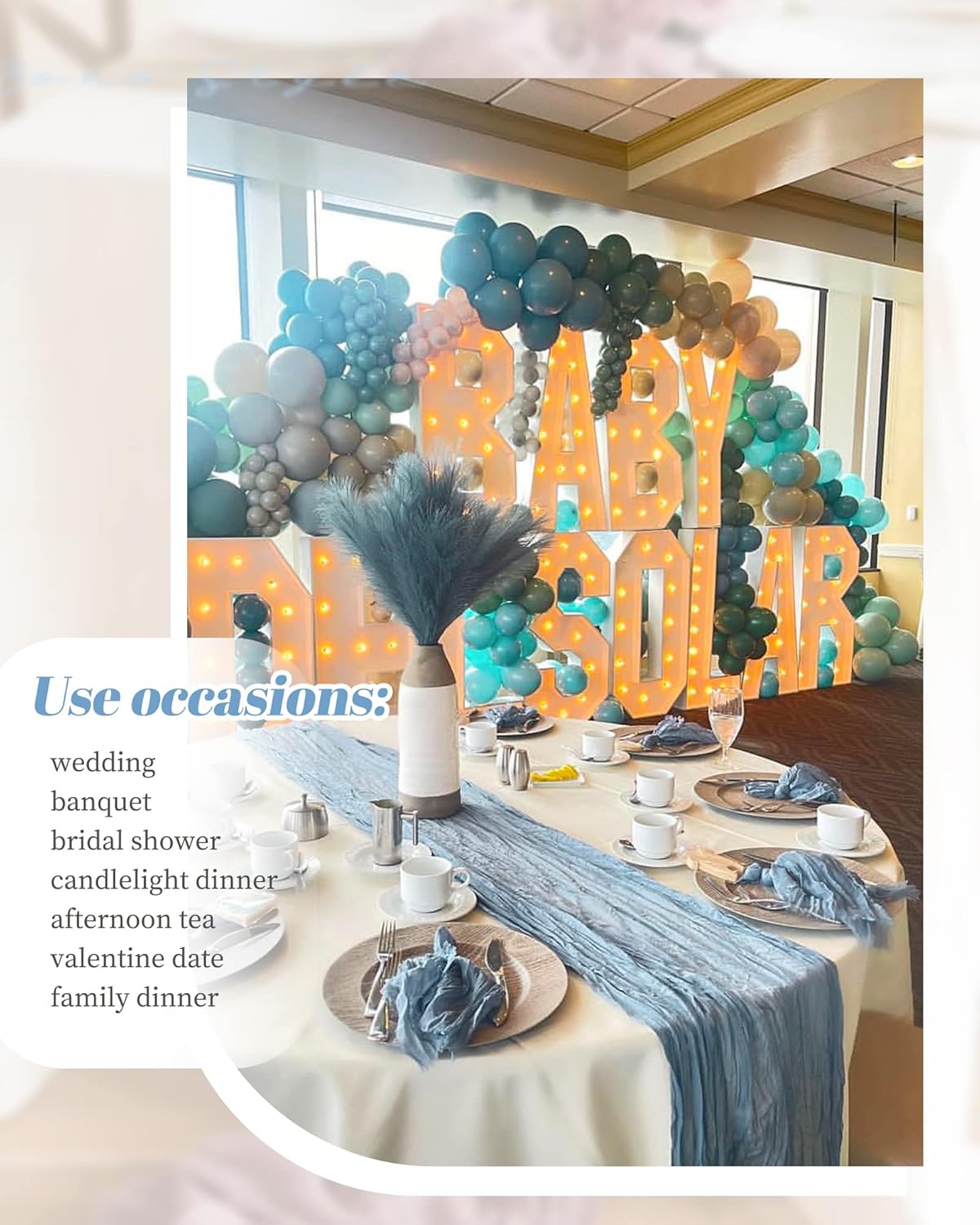 10 Pack Dusty Blue Cheesecloth Table Runner, 10FT Long Semi-Sheer Boho Rustic Guzae Table Runner for Wedding , Party ,Bridal Shower Decor(35×120 Inch)