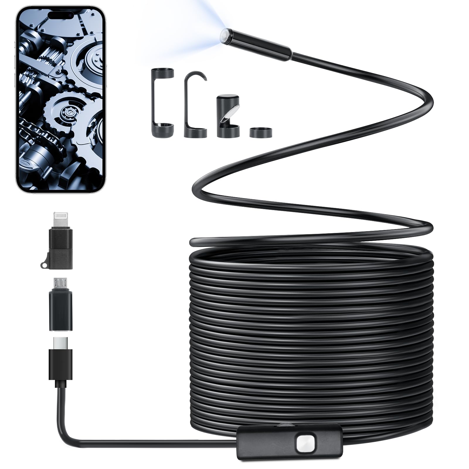Cozary Endoscopic Snake Inspection Camera 1920P Endoscopic Camera Endoscope Camera 10M(32.8ft) Semi Rigid Cable IP67 Waterproof with 8 LED Lights for Auto Repair, Plumbing, Home