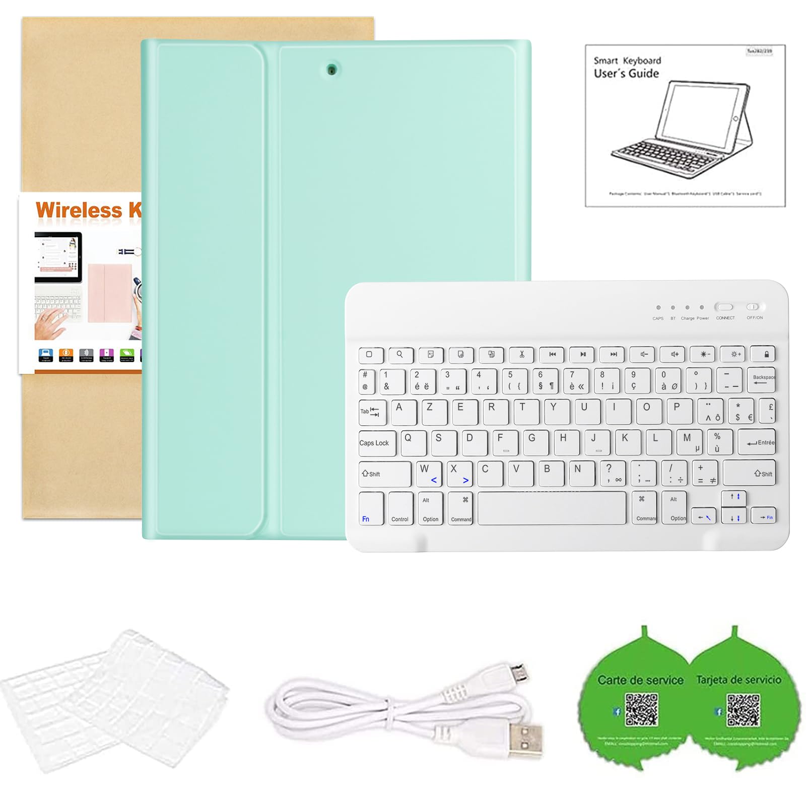 HOTLIFE Clavier Coque pour iPad 10.2 9ème/8ème/7ème Génération 2021/2020/2019 i Pad Air 3 2019 i Pad Pro 10.5, AZERTY Français Amovible Clavier Bluetooth sans Fil Etui (Menthe Verte)