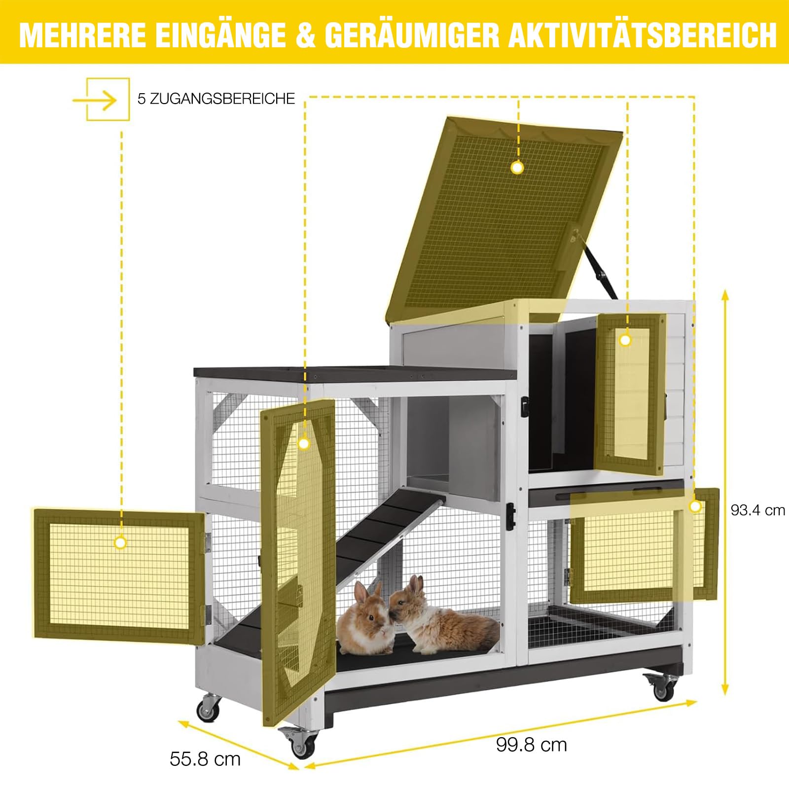 Aivituvin Hasenstall, Kaninchenstall für drinnen und draußen, auf Rädern, 2-stöckig, Holz, Meerschweinchenkäfige mit 2 tieferen herausziehbaren Tabletts (Schwarz-weiß-L)