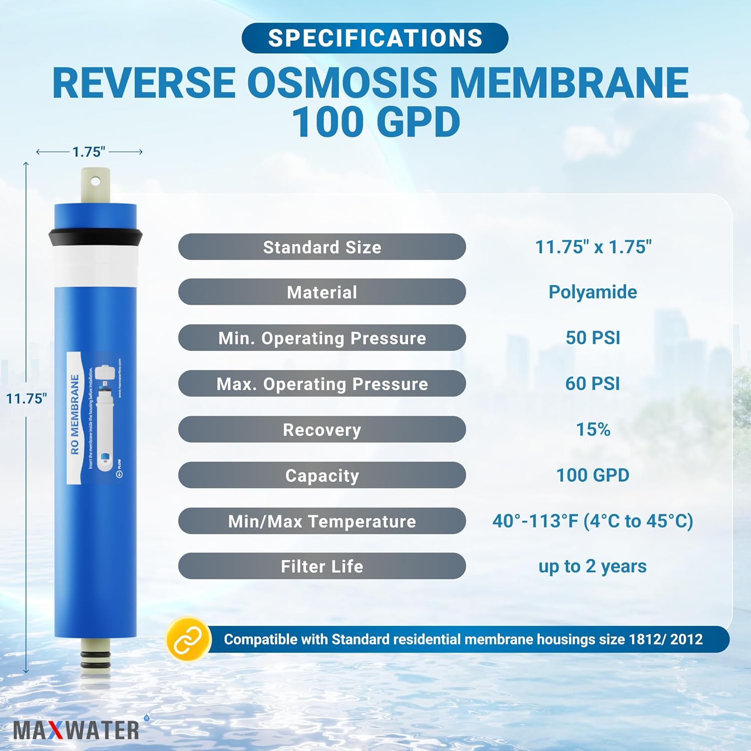 100 GPD Reverse Osmosis RO Membrane Under Sink Drinking Water Filter Purifier System, Universal Fit Replacement Cartridge for FLTMEME50, MC7, WP560018, TW30-1812-50