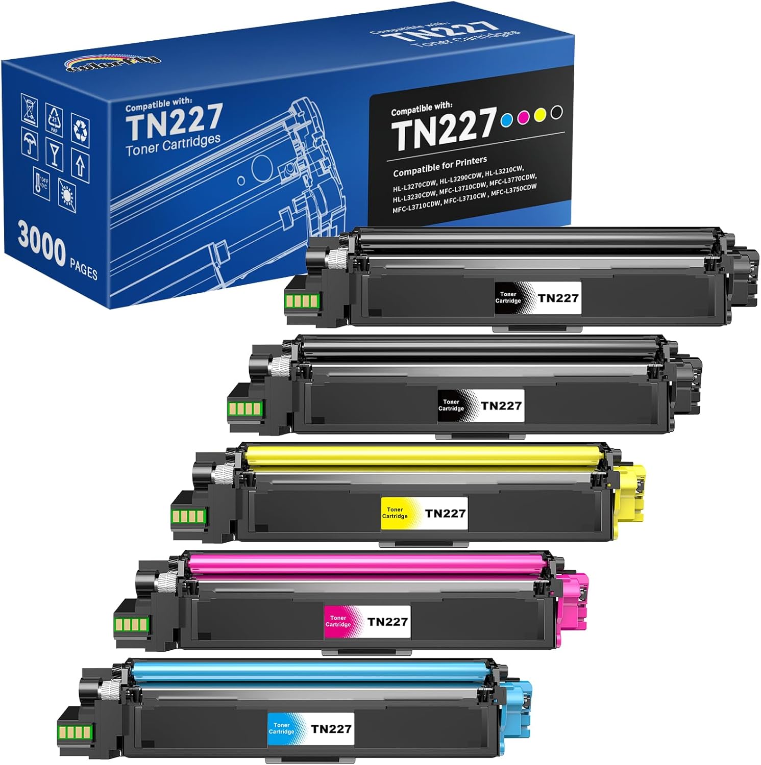 Compatible TN227 High Yield Toner Cartridges Replacement for TN-227BK/C/M/Y High-Yield TN223 Toners Cartridge Use with HL-I3290CDW Toner MFC l3770CDW HL-L3270CDW （5 Pack