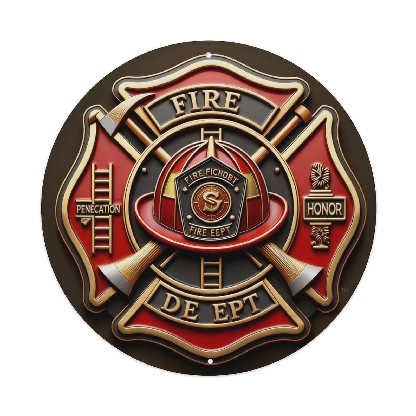 Fire Department Emblem Design Pattern Round Metal Tin Sign Vintage Wall Decor, Bar Garage Cafe Kitchen Home Wall Art Poster 8x8inches