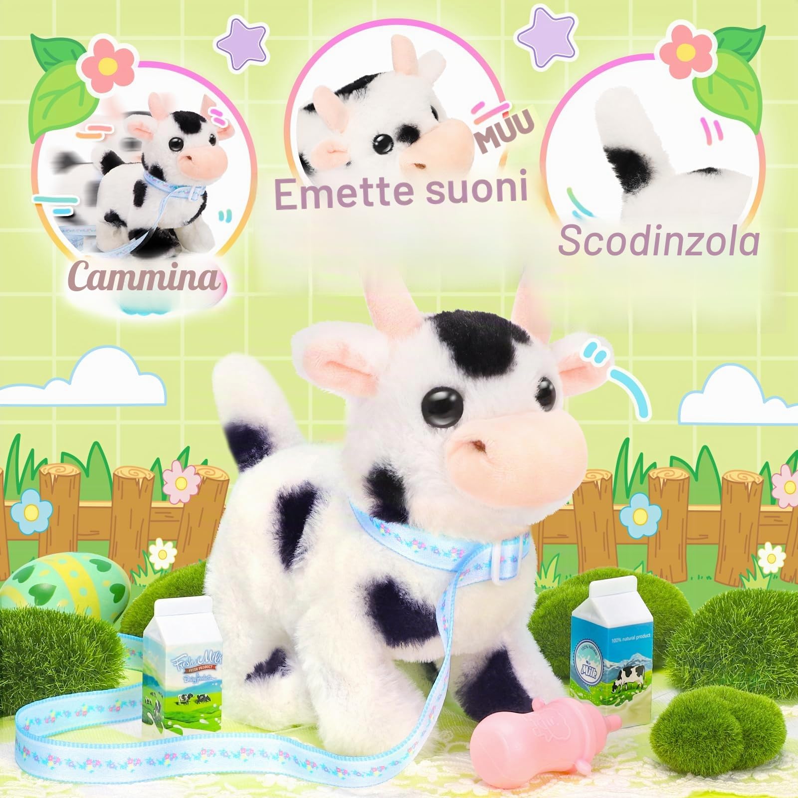 Tagitary Giocattoli di peluche interattivi a piedi suoni mucca bambini Wag Tail, testa del cenno realistica giocattoli di bestiame di peluche giocattoli di compleanno per i più piccoli