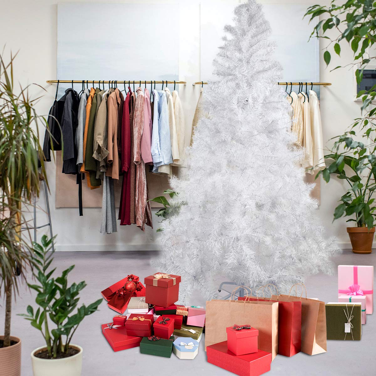 Uten Sapin de Noël Blanc Artificiel 210cm Arbre de Noël Décoration Fêtes de Noël avec Support en Métal 1000 Branches