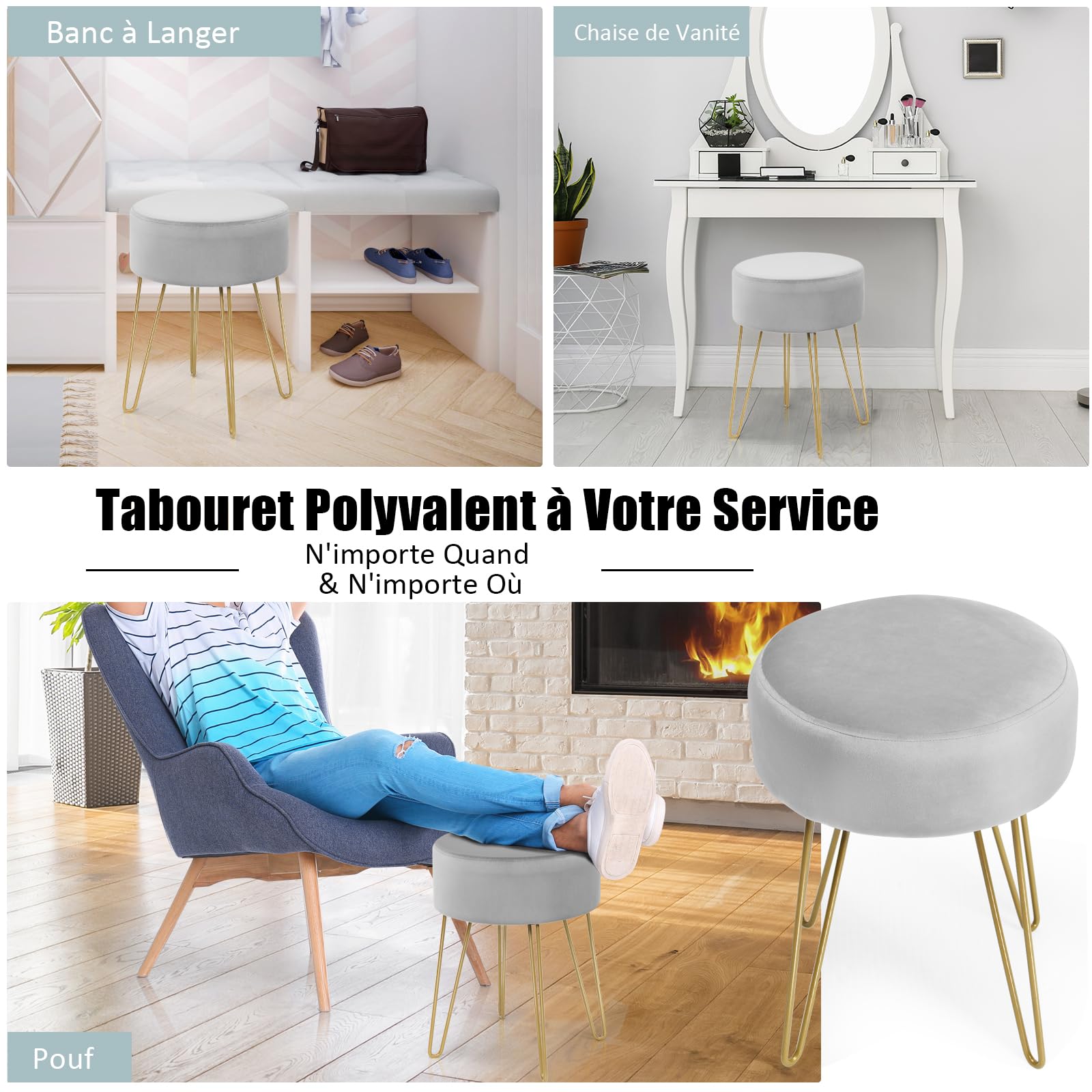 GIANTEX Tabouret Coiffeuse en Velours, Chaise Coiffeuse Chambre avec Pieds Dorés en Métal, Pouf Ottoman Rond, Repose-Pieds, Tabouret Velours pour Chambre, Salon, Vestiaire (Gris)