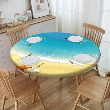 Beach Pattern Round Fitted Tablecloth,Elastic Edge,Suitable for Catering and Kitchen Can Wipe Dining Round Table coverr,Blue Cream,for 22" to 27" Round Tables