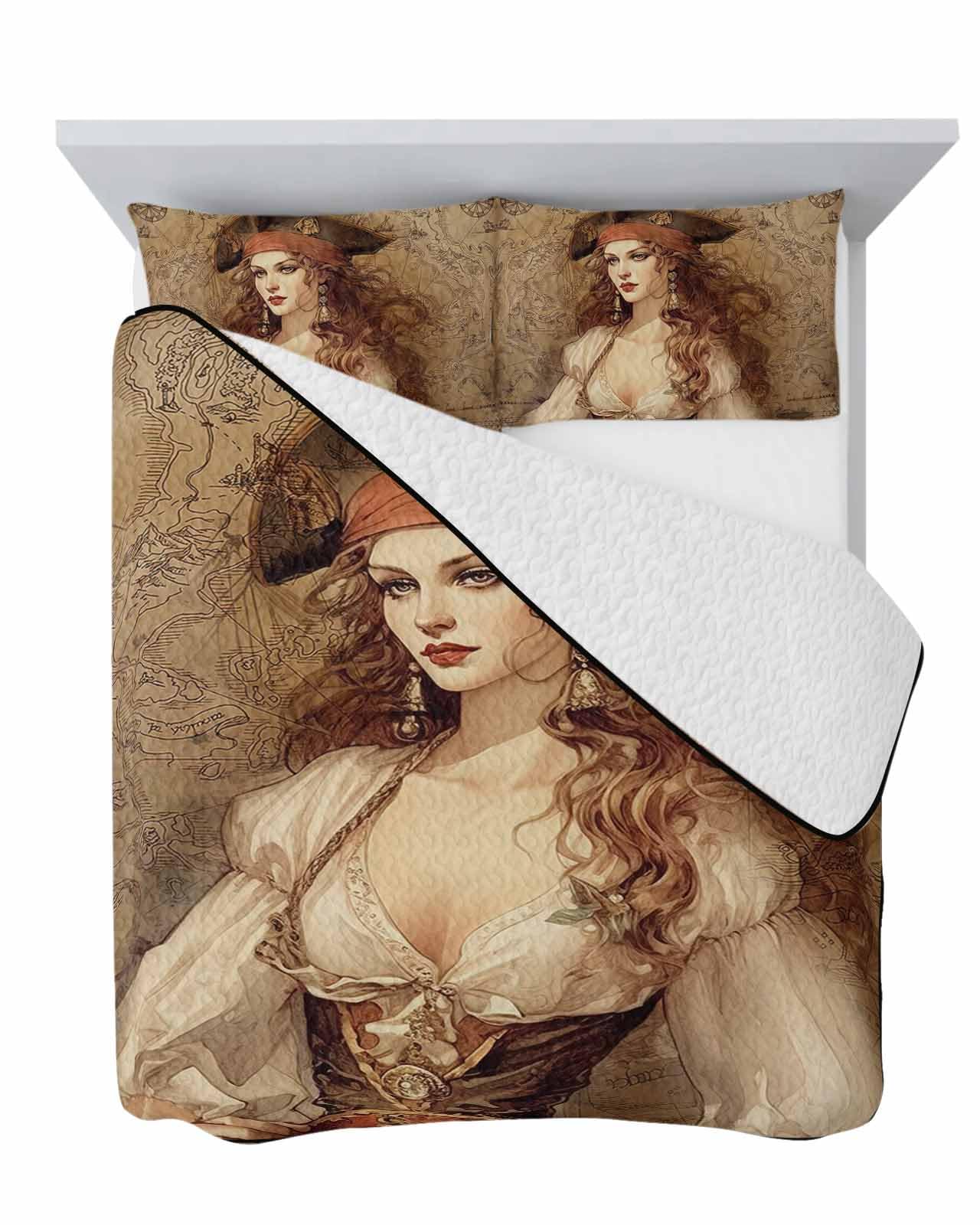 Quilt Set Twin XL Size 3 Pieces Quilted Bedspread-Thin Soft Cozy, Pirate Girl Treasure Route Map Reversible Stitched Lightweight Quilt Coverlet Bedding Sets for All Season (1 Quilt, 2 Pillow Shams)