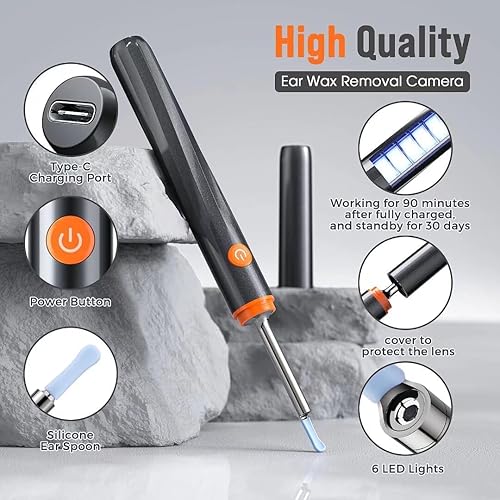 Miniatura 12 de Eliminación de cera de oídos, limpiador de oídos, kit de eliminación de cera de oídos con 1080P, otoscopio de cámara de oídos con luz, kit