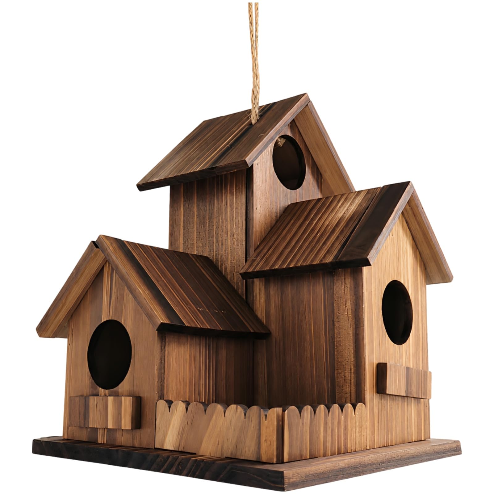 Vogelhaus für draußen, 3-Loch Holzvogelhaus mit 3 Räumen, Villa-Design zum Hängen, mit schrägem Dach und Umzäunungsplattform, für Garten, Hinterhof und Terrasse, Massivholz