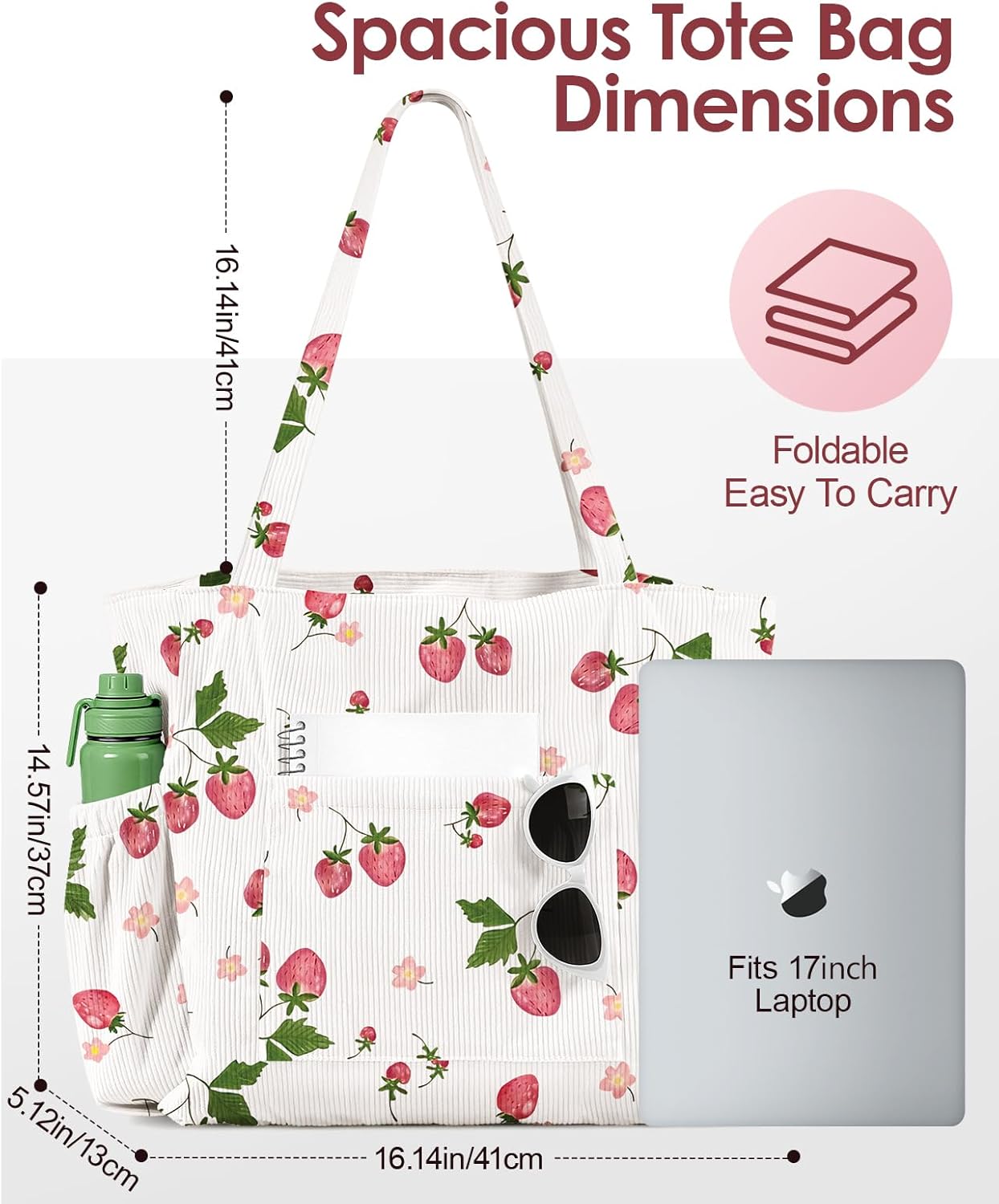 Large Corduroy Tote Bag for Women - Cute Shoulder Reusable Canvas Bags with Zipper Multi-Pocket for School - Image 4