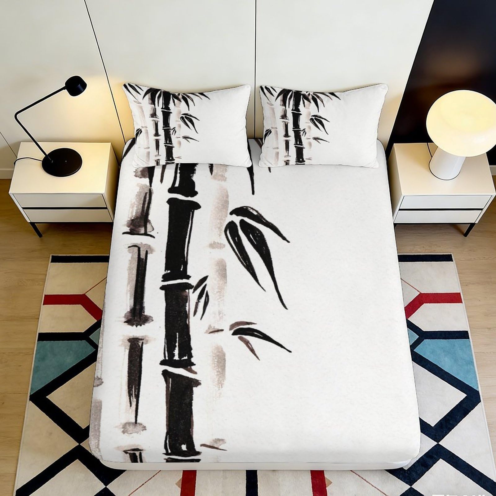 3D Printed Bamboo Brushstroke Fitted Sheet Microfiber Soft Art Decor Zen Bamboo Bed Cover for Bedroom Dorm Mattress Protection 90x200x25cm