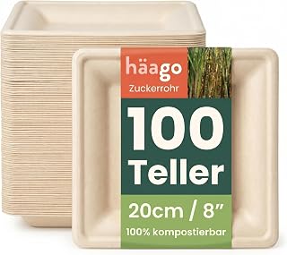 HAAGO 100 Extra Stabile Kompostierbare Zuckerrohr Teller, 20 cm / 8 Zoll Eckig – Fett- & Auslaufsichere Pappteller – Biologisch Abbaubare Partyteller, Einwegteller für Grillparty, Hochzeit & Feste