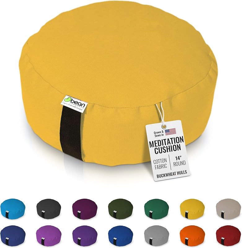 Bean Products Round Zafu Meditation Cushion, Yoga Pillow 14" Dia - Saffron | Heavy Weight Washable Cotton Cover - Buckwheat Hull Filled Inner liner - Zen Floor Sitting Cushion - 14" Diameter