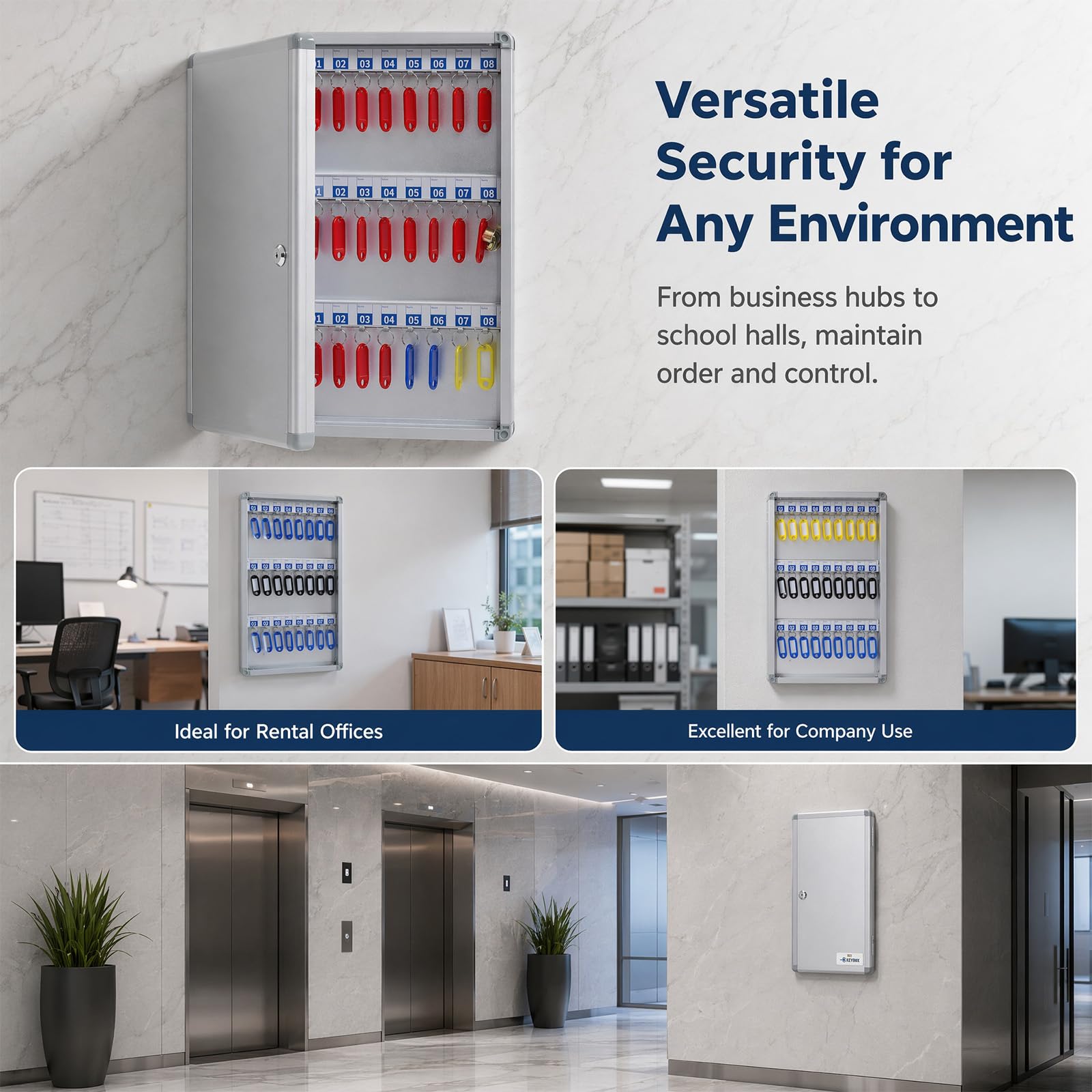NCONCO Coffre-fort à combinaison à 48 crochets verrouillables avec 4 étiquettes de couleur, boîte à clés murale pour maison, bureau, école, 26 x 5,6 x 44,4 cm, organiseur de clés en alliage