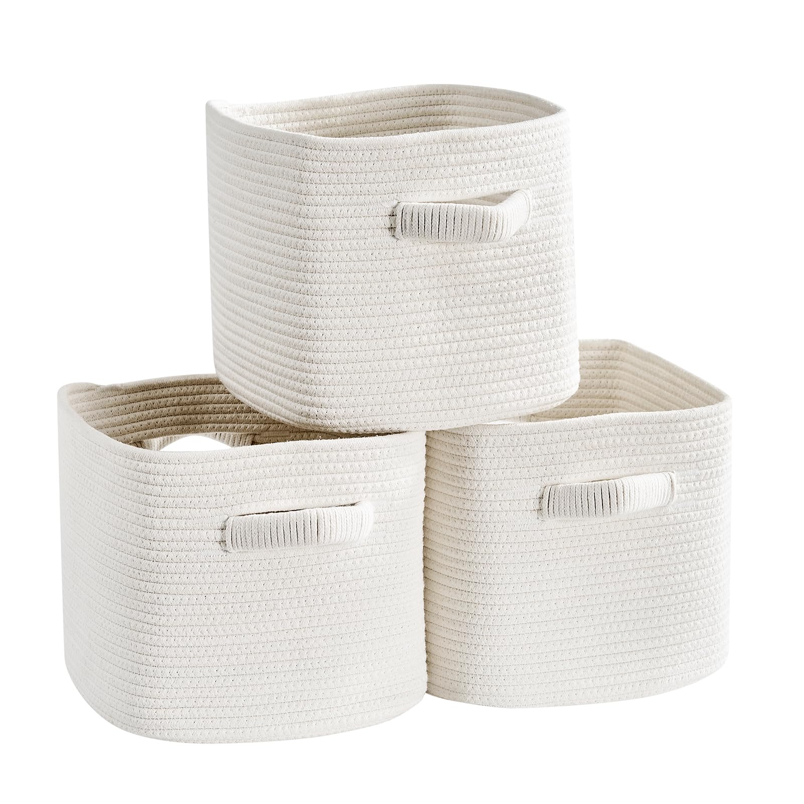 Mangata Set of 3 White Cotton Rope Cube Storage Baskets with Handles, 33x33x30cm, Woven Organisers for Shelves, Bathroom, Bedroom, Nursery & Toy Storage