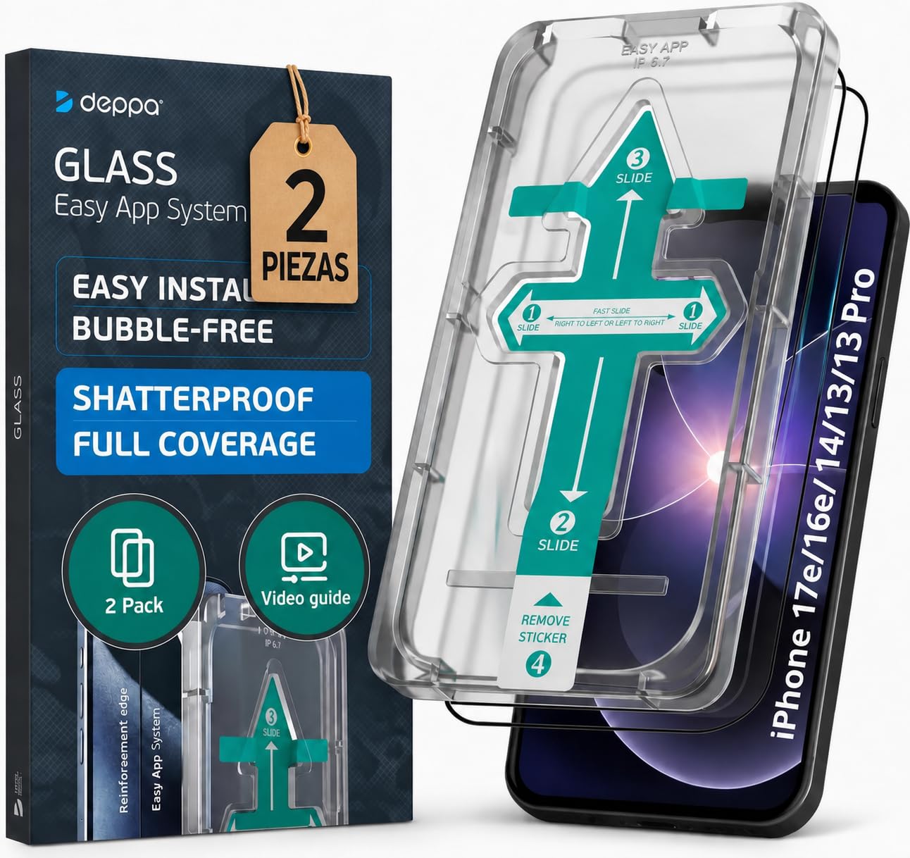 Deppa | 2 Piezas | Protector de Pantalla para iPhone 17e/16e/14/13/13 Pro (6,1”) de Vidrio Templado 9H con Kit de Fácil Instalación, Resistente a Arañazos, Antihuellas, Cobertura Completa