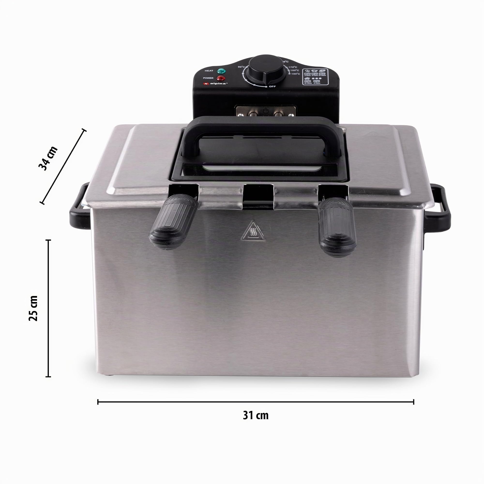 Alpina Freidora de Aceite 5 Litros Con 3 Cestas - 1 Grande y 2 Pequeñas - Ajustable Hasta 190 °C - Profesional 2000W - Acero Inoxidable