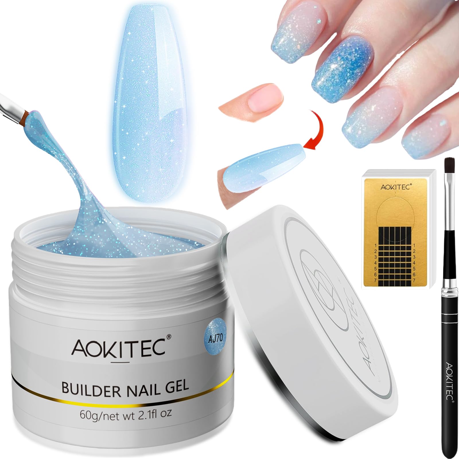 Aokitec Glitter Builder aufbaugel für gel, 60g Verlängerungsgel Nagelset, Hartgel für Nägel Starter Set