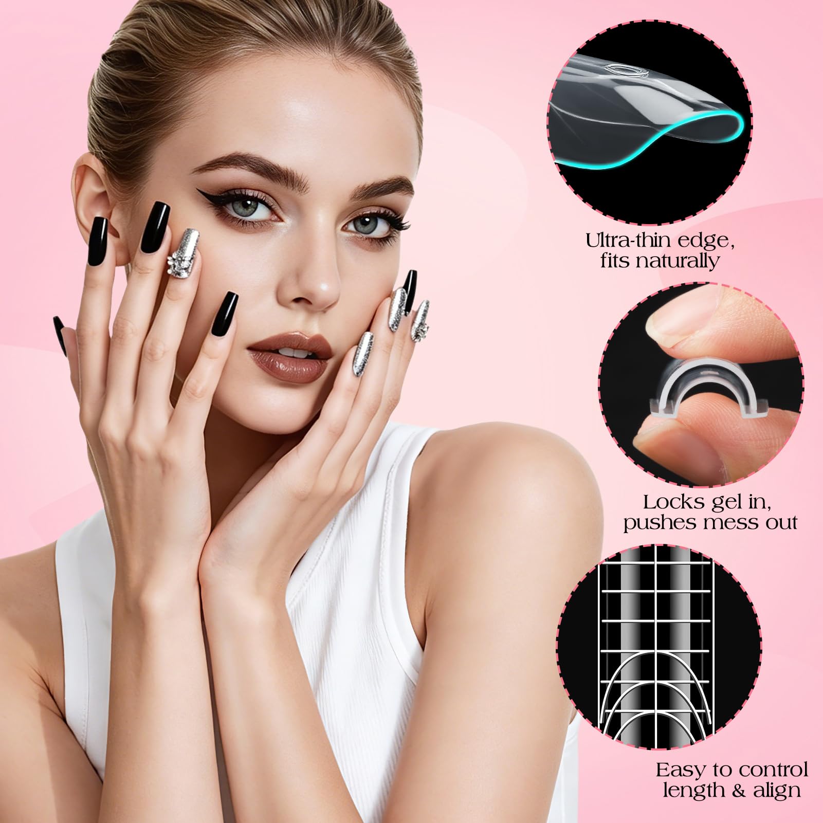 MELLIEX 240 szt. Dual Form Sandwich, 15 rozmiarów żelowe formy do paznokci wielokrotnego użytku formy do przedłużania paznokci extra długie do salonu manicure DIY (kwadrat)