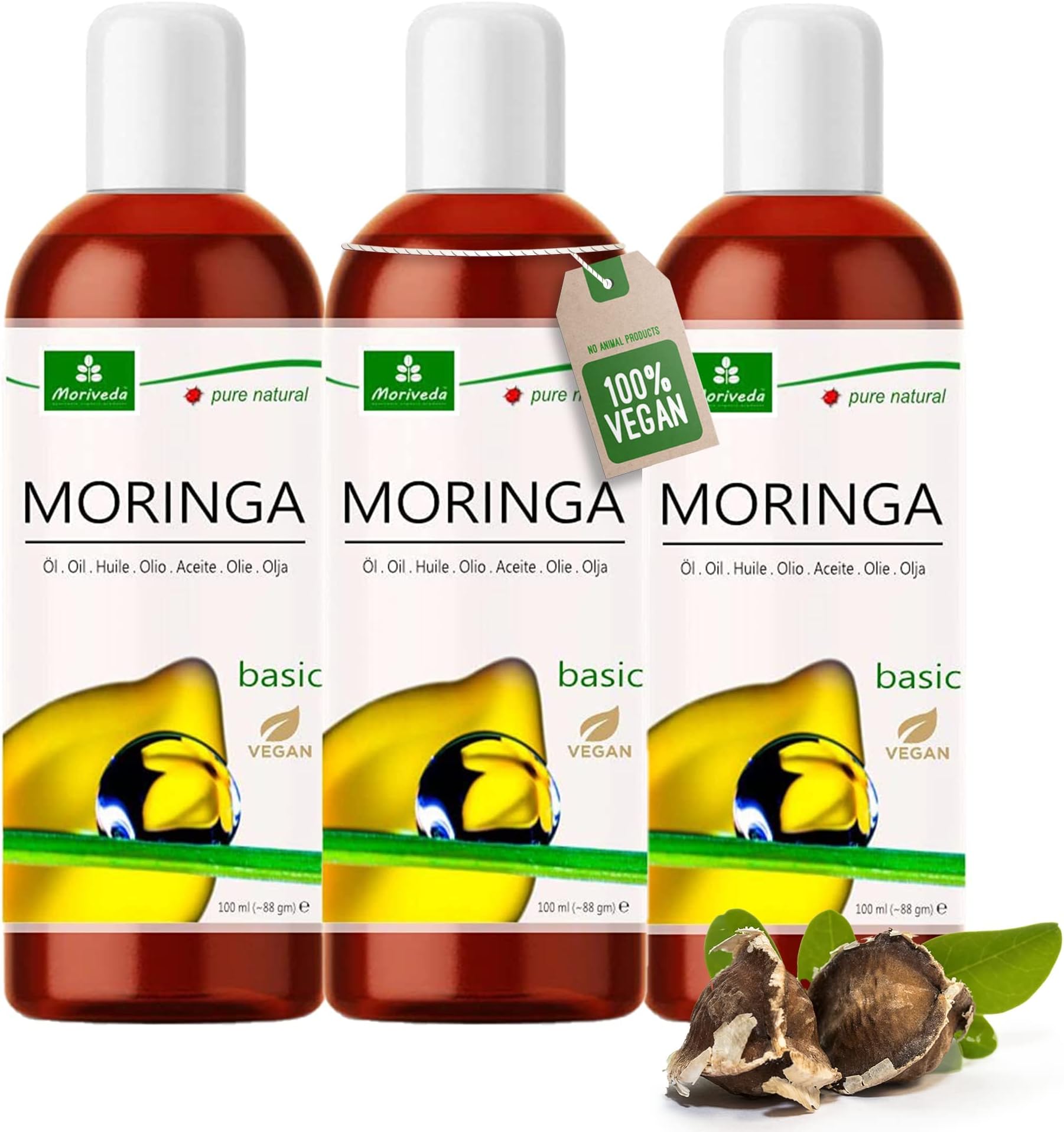 MoriVeda® - Moringa Oil Basic 300ml, pressed from Oleifera Seeds and Pods, suitable for Skin Care, Hair Care, Wound Care, Anti-Aging (3x100ml)