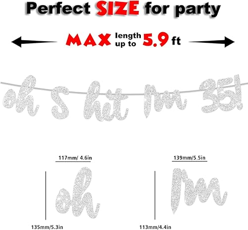 Miniatura 3 de Oh S*it I'm 35! - Telón de fondo con purpurina plateada Hello 35 Cheers to 35 años de edad, decoraciones temáticas para hombre y mujer, suministros
