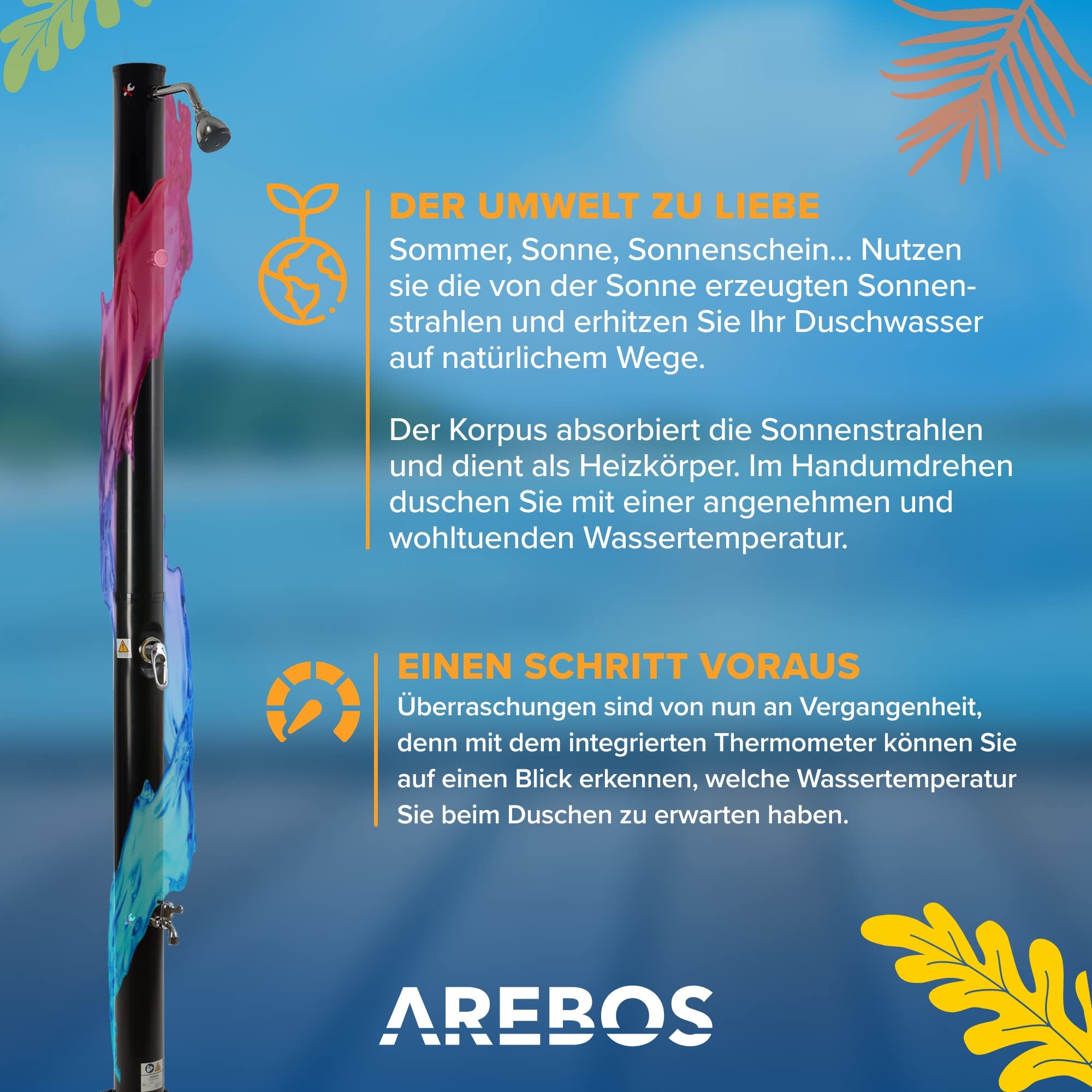 Arebos Solardusche Garten 20 Liter Schwarz | Gartendusche Solar mit Thermometer & Fußdusche | Außendusche Outdoor | bis 60°C | Gartenschlauch-Anschluss | inkl. Abdeckhaube