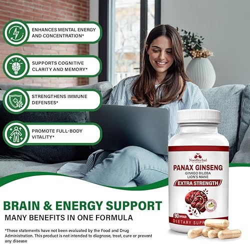 Miniatura 5 de Panax Ginseng (10% de ginsenósidos), ginkgo biloba y melena de leones, 750 mg - Suplementos cerebrales nootrópicos para memoria y enfoque, claridad,