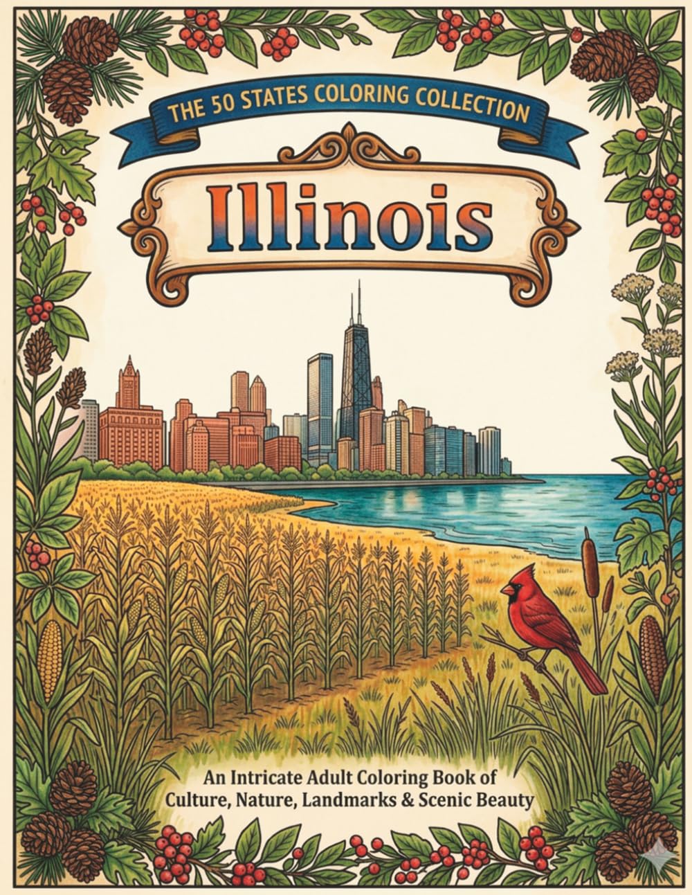 Illinois State Coloring Book: Chicago Skyline, Route 66, Prairie Wildlife, Farmland, Landmarks & Relaxing Travel Designs