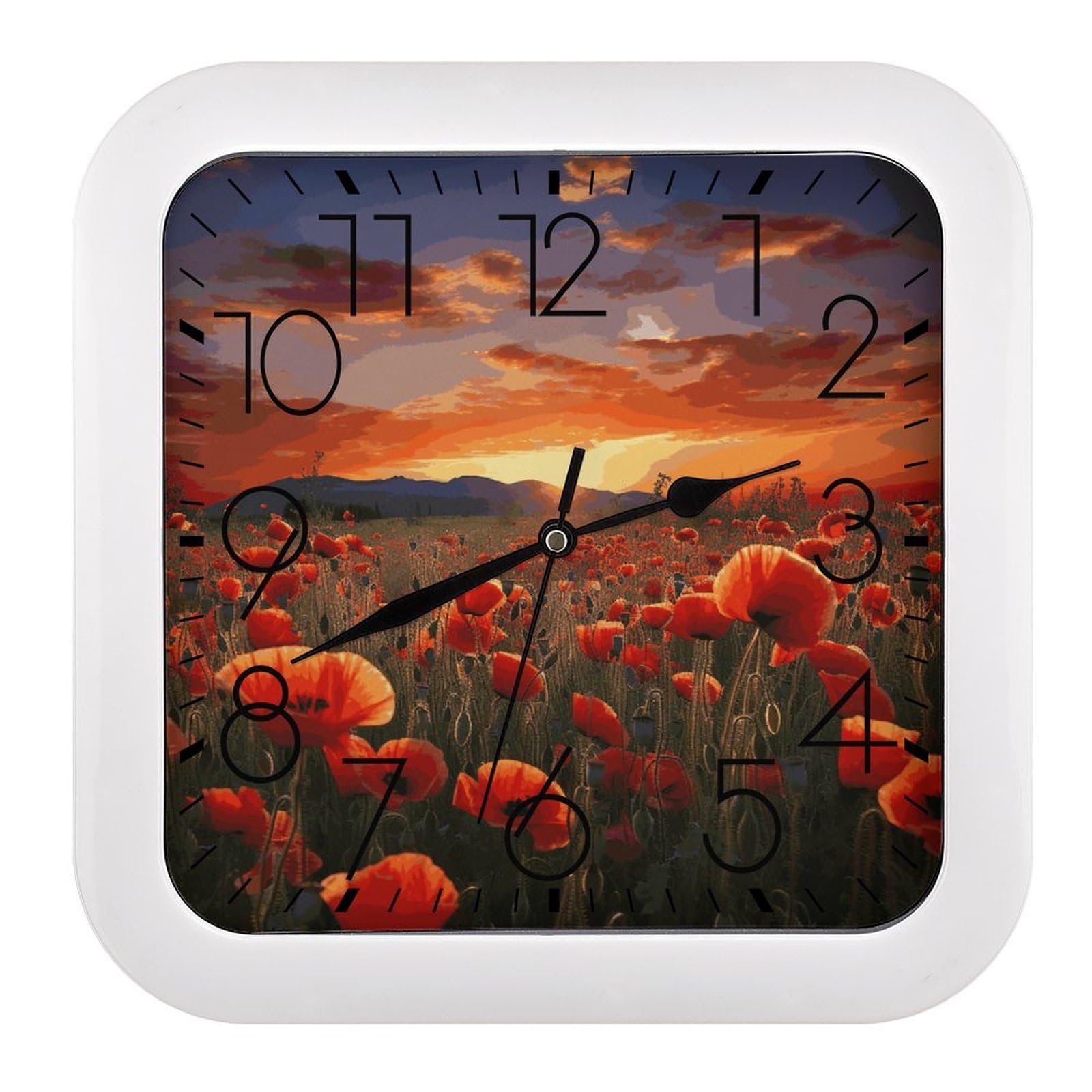LDGSUPH Red Poppy Flower Field in Sunset Wall Clock Silent Non-Ticking Modern Clock Personalized Vintage Square Clocks for Travel Office Kitchen Home Decorative Clocks 10.2 Inch