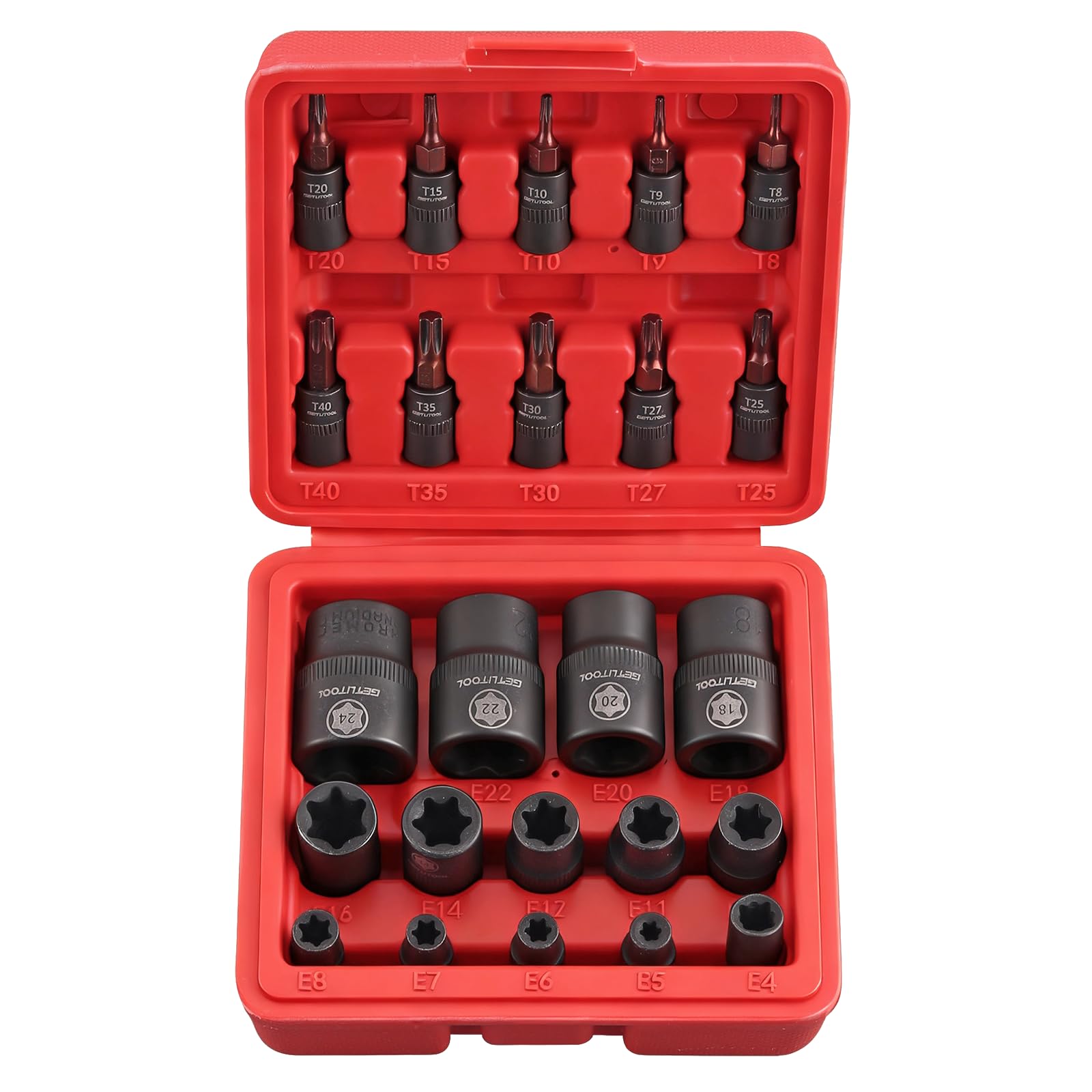 GETLITOOL Juego de 24 llaves de vaso E-Torx E-Torx de acero CR-V E4-E24 y T8-T40, llaves de estrella con grabado láser y caja organizadora para reparación de automóviles, mantenimiento mecánico