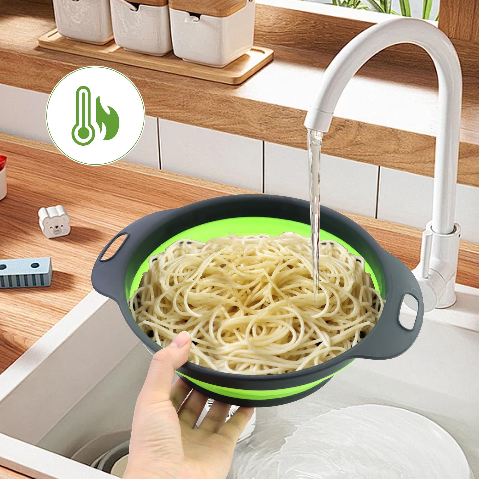 Set 2 Pezzi Grande Scolapasta in Silicone Pieghevole, Blu e Verde, Cucina Pieghevole sopra Il Lavandino del Silicone Colander/Setacci, Lavabili in Lavastoviglie(28.5CM)