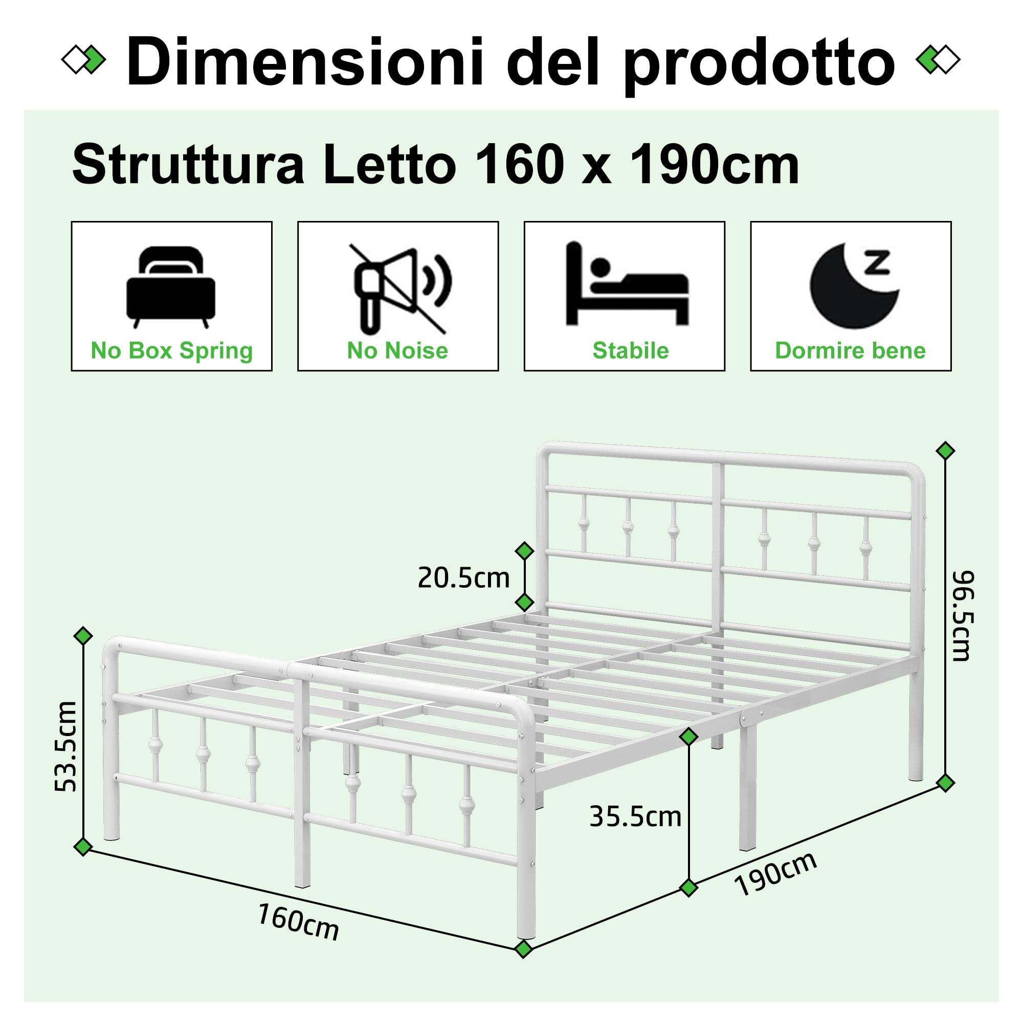 EMODA Letto Matrimoniale 160 x 190 cm con Testata Vittoriano, Struttura Letto in metallo alto 36cm con Spazio di Stoccaggio Sotto, Struttura robusta, Facile montaggio, Design Silenzioso, Bianco