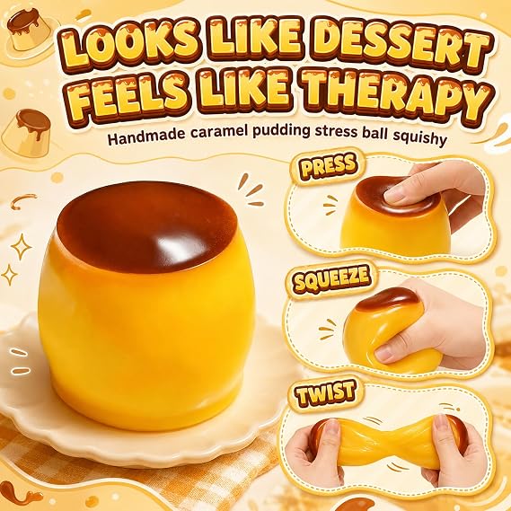 Crunchy Pudding Squishy Stress Ball,Cute Soft Caramel Squeeze Moldable Slushy Asmr Realistic Taba Handmade Slowly Rebound Sticky Silicone Dessert for Adults Party Favor