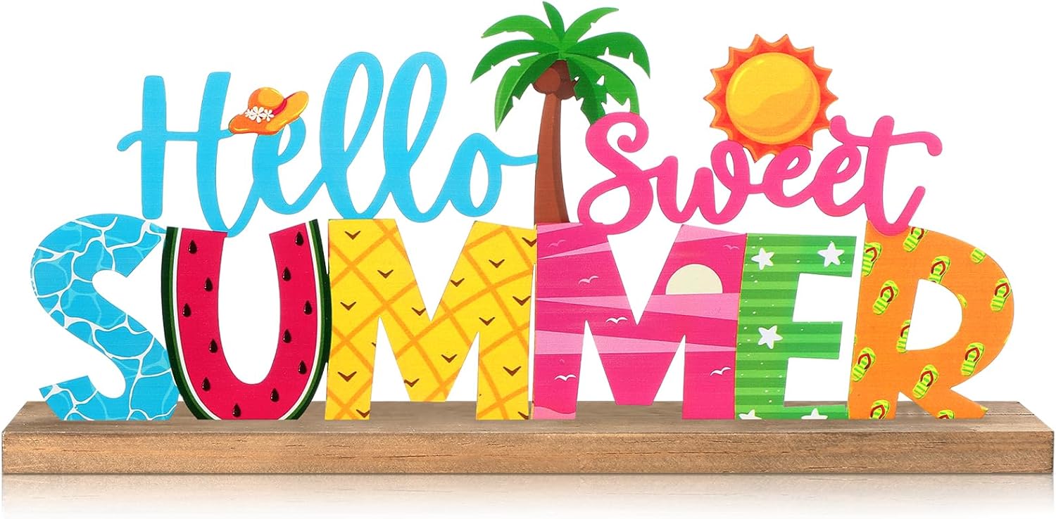 MiniInflat Hello Sweet Summer Metal Sign Summer Decorations for Home Tropical Coastal Table Decor with Wood Base for Home Office Tabletop Centerpiece Decoration Tiered Tray Mantel Shelf Fireplace