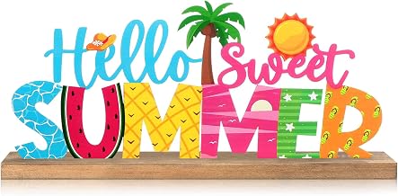 Hello Sweet Summer Metal Sign Rustic Table Decor Holiday Tiered Tray Decor with Wooden Base Freestanding Metal Word Sign for Home Tabletop Centerpiece Mantel Shelf Fireplace